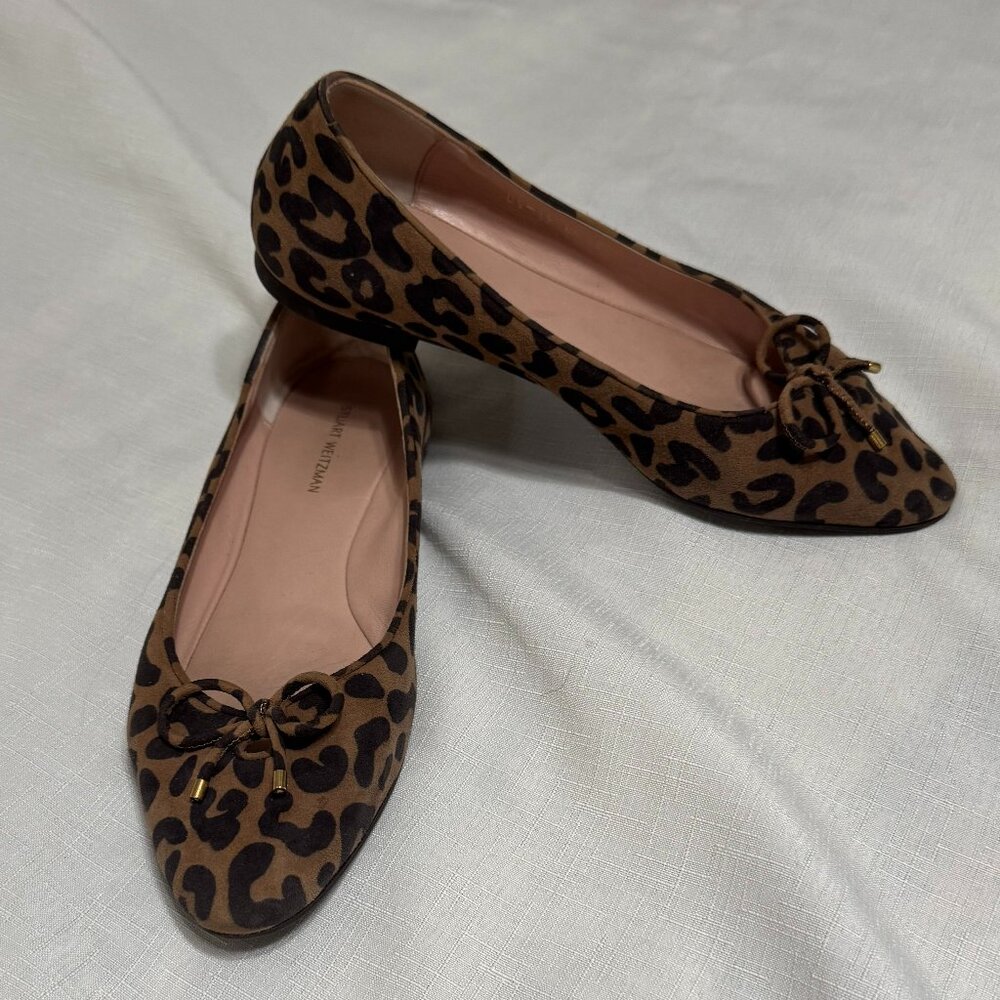 Stuart Weitzman Gabby Cheeta Print Bow Leather Flats